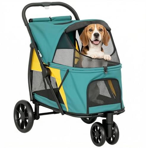 PawHut Passeggino pieghevole per cani fino a 20 kg con cuscino lavabile, finestra a rete, 3 ruote, porta, tasca posteriore, passeggino per cani di piccola taglia media, verde scuro