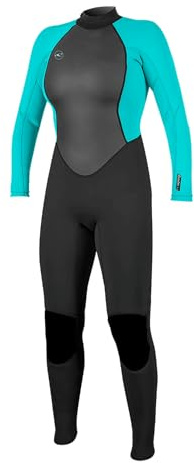 O'Neill Women's Reactor-2 3:2mm Back Zip Full Wetsuit, Lightweight Warmth and Flexibility for All Water Activities, Black/Light Aqua, 12