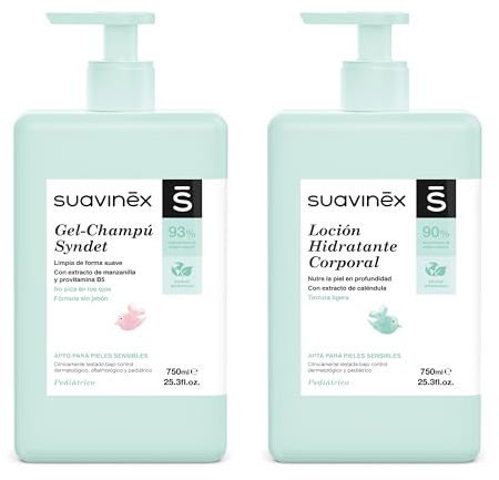 Suavinex, Syndet Baby-Shampoo für Haut und Haar, ohne Seife, 750 ml + feuchtigkeitsspendende Körperlotion, 750 ml, geeignet für empfindliche und neugeborene Haut, mit 90%-93% natürlichen