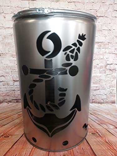 Fuchsbau Feuertonnen Feuertonne mit Anker 1 Motiv - Gefertigt aus neuem Ölfass - Besondere Feuerstelle für Garten und Terrasse - Hohe Feuerschale mit Rostoptik - 90 x 60 cm