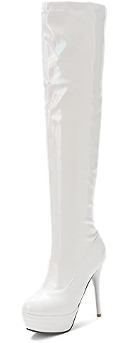 OALEEN Bottes Cuissardes Femme Sexy Talon Haut Aiguille Hiver Vernis Plateforme Bout Rond Chaussures Blanc 32