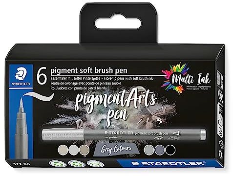STAEDTLER soft brush pen pigment Arts, grey colours, pigmentierte Premium-Zeichentusche, softe Pinselspitze für besonders variable Linienbreiten, wasserfest, 6 brush pens im Kartonetui, 372 C6