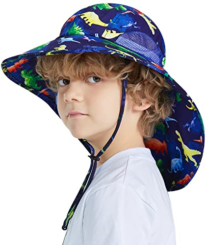WAWSAM Boys Dinosaur Sun Hat Adjustable Kids Sun Protection Hat Breathable Toddler Bucket Cap Wide Brim Boys Neck Protection Beach Hat for Ages 4-12D