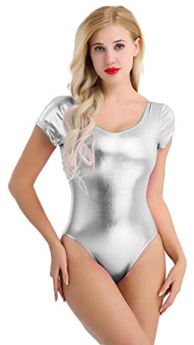inhzoy Damen Glänzend Metallic Bodysuit Langarm/Kurzarm Gymnastikanzug Ballettbody Tanz Trikot Tanzbody Silber Kurzarm XXL