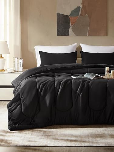 SLEEP ZONE Juego de Ropa de Cama de 3 Piezas de Punto Jersey con 1 edredón y 2 Fundas de Almohada, Juego de edredón Suave y Transpirable para Mujeres, Hombres y Adultos, Lavable (Negro, matrimonial)