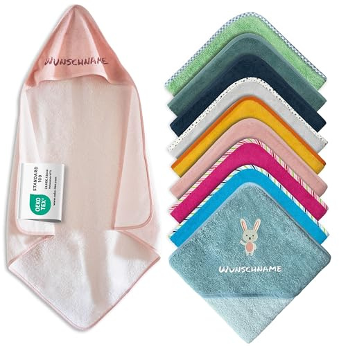 Asciugamano con cappuccio per neonato con nome ricamato, Oeko-TEX® Standard 100 - Asciugamano personalizzato con cappuccio in pura cotone con ricamo di nome e motivo (Rosa, 80 x 80 cm)