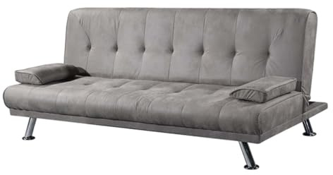 Somnia Descanso Divano Letto a 3 posti, Modello Cleo, Design Moderno, Pratico e Funzionale, con Cuscini Decorativi, Legno, Grigio Cemento, 188cm (Largo) x 88cm (Fondo) x 88cm (Alto)