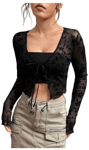 GORGLITTER Women's Sheer Mesh Tie Front T Shirt Long Sleeve V Neck Tee Sexy Crop Tops Lightweight Cardigan Black XL