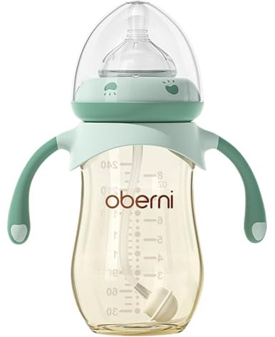 Oberni PPSU Baby Bottles, Anti-Colic, Natural Response, BPA&BPS Free, Level 4 Fast Flow Teat for 1+ Years Old Newborn Milk Feeding, Non-Slip Handle & Airfree Weighted Straw, Green/1Pack