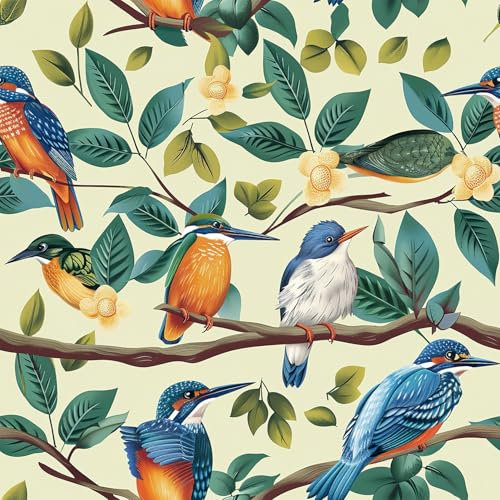 Papier peint autocollant motif loriot sur branches fleuries, 44X300CM papier de contact autocollant, fond jaune clair, film décoratif amovible pour meubles d'armoire