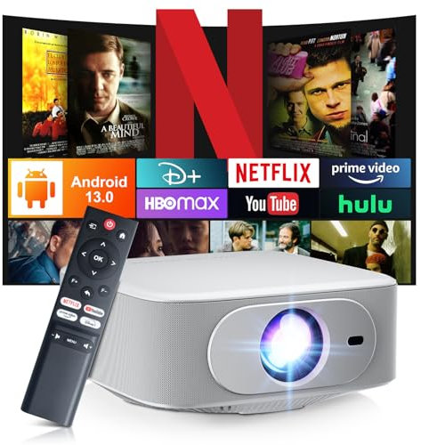 【Netflix License & Electric Focus & Keystone 】Mini Smart Projector 4K with WiFi6 Bluetooth5.2,Native FHD 1080P Ceiling Video Projector for Bedroom,Low Noise Home Cinema Projector with Android Apps