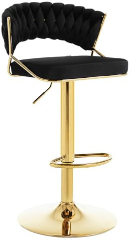 WOLTU Barhocker höhenverstellbar, Barstuhl 360° drehbar, Küchenhocker mit geflochtener Rückenlehne Fußstütze, Hocker Bar Küche, Samt Metall, Schwarz, BH427sz-1