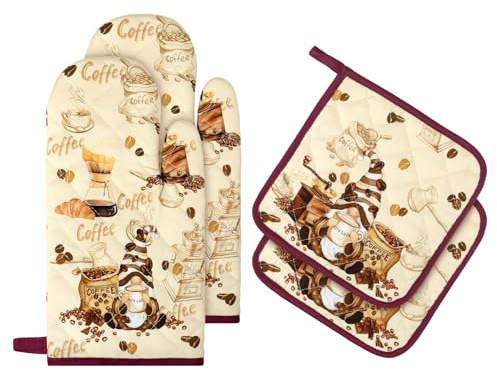 Arquiel Guanti Da Forno Presina Set Di 4, 100% Cotone Addensare Guanti Da Forno A Microonde, Presine Da Cucina Morbida Resistenti Al Calore Per Arrostire, Cuocere(Caffè Retrò)