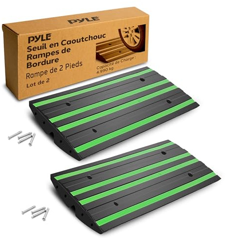 Pyle 2 Ft. Rubber Threshold Curb Ramp Set, Green Reflective Strip for Driveways, Non-Slip Marine Grade Rubber, Pack of 2 Heavy Duty Car Ramps for Trucks, RVs, Forklifts, 24.0’’x 16.0’’ x 2.6’’ Inches