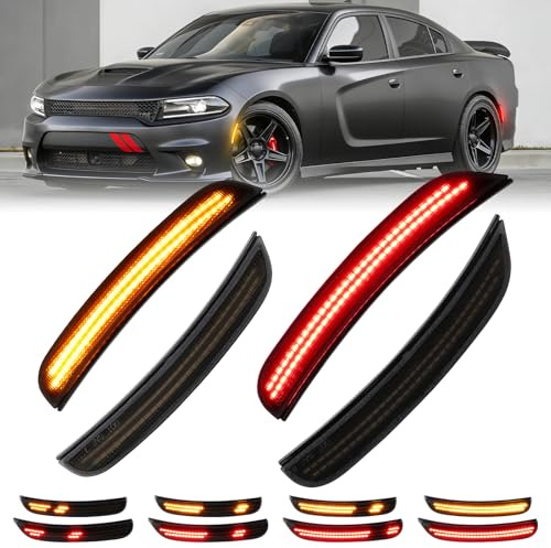 FetonAuto Dynamic Amber Red LED Side Marker Lights for Dodge Charger 2015 2016 2017 2018 2019 2020 2021 2022 2023 2024, Smoked Lens Front Rear Charger Bumper Reflector Lamp, 4PCS