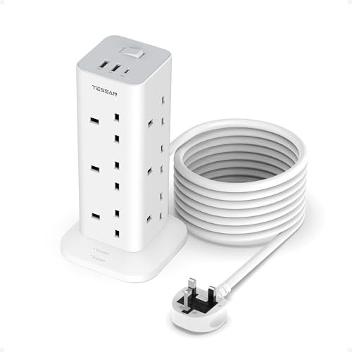 Tower Extension Lead 5M with USB C Slots, TESSAN 12 Way Plug Extension Socket with 3 USB Ports, Multi Plug with Switch(13A 3250W), Power Strip for Office, Home, School, Kitchen Supplies