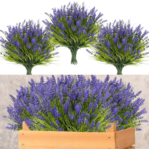 ZINHO 36 Bundles Artificial Flowers Outdoor, Faux Lavender Flowers with Grass UV Resistant Artificial Plants for Outdoor Outside Hanging Planter Window Box Garden Patio Front Porch Decor