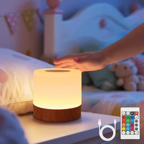 VKH Night Light, 256 RGB Colour LED Touch Bedside Table Lamp with Remote Control Dimmable Light, 5 Brightness Levels, Timer, Hook, USB Rechargeable, Portable Lamp for Bedroom, Living Room, Outdoor Use
