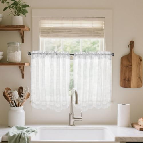 Aimeke Lot de 2 Rideaux Brise-Bise pour Cuisine, Rideau Bistro Blanc, Demi-Transparent Rideaux de Cuisine L 63,5 × H 63 cm Rideaux Courts pour Petites Fenêtres de Cuisine, Porte de Balcon, Camping-Car