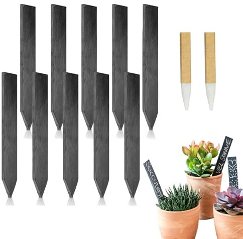 ARTGUTS Lot de 10 étiquettes pour plantes en ardoise avec stylo à craie, étiquettes pour herbes aromatiques, graines, fleurs, légumes (15 x 2 cm)