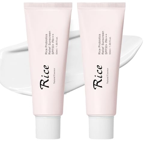 Rice Sunscreen SPF 50+ Face, Relief Sun Rice + Probiotics SPF 50 + Sun Cream Factor 50, Daily Lightweight Rice Suncream Korean Sunscreen for All Skin Types, Non-Greasy, 2PCS