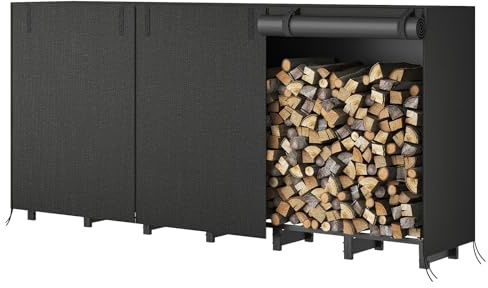 HOOBRO Kaminholzregal mit Abdeckung für Innen- und Aussen, Verstellbar, Wasserdicht, Brennholzregal außen, Holzregal, Holzstapelhilfe, Hohe Belastbarkeit, für Garten, Terrasse Schwarz EBB02CH02