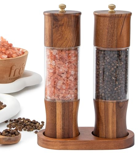 Wooden Salt and Pepper Grinder Set Acacia Wood Salt Grinder and Pepper Grinder Set, Manual Salt and Pepper Mills with with Ceramic Core, Salt and Pepper Shaker, Adjustable Coarseness