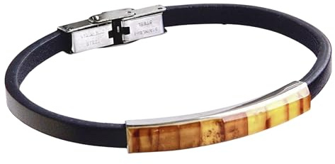 presentSpresent Black Leather Unisex Bracelet with Amber Mosaic on Stainless Steel Bar – Adjustable M/L Size