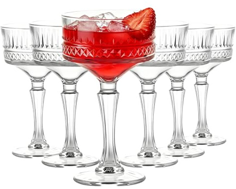 6 Pcs Ribbed Coupe Glass Set 8.9 Ounce Vintage Coupe Glasses Unique Martini Glasses Classic Cocktail Server Bar Drinking Cups Perfect for Cocktails Wine Champagne and Gift