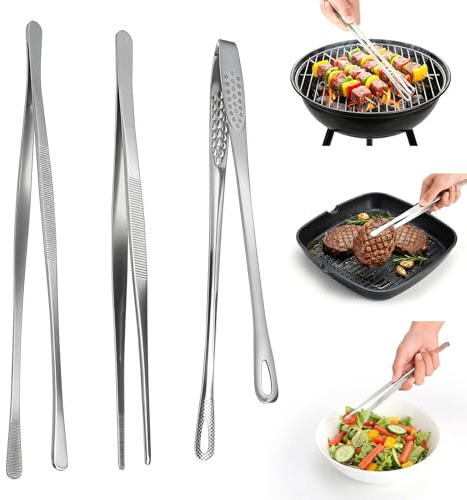 Set de Pinzas de Cocina en Acero Inoxidable - 3 Piezas, Pinzas para Barbacoa 30cm y 28cm, Pinzas Profesionales para Cocina, Grill y Servicio - Pinzas Inox para Carne, Pescado, Verduras y BBQ