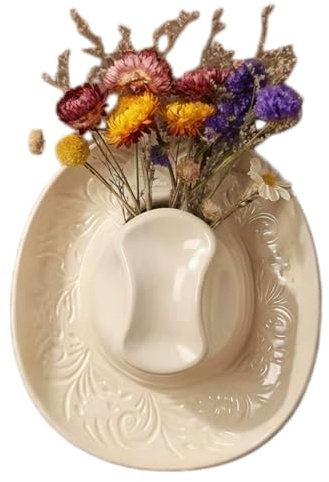 Hanging Wall Planter for Indoor Plant, Wall Vases for Flowers, Ceramic Cowboy Hat Vases for Decor, for Bathroom, Living Room, Offices, and Home Decor