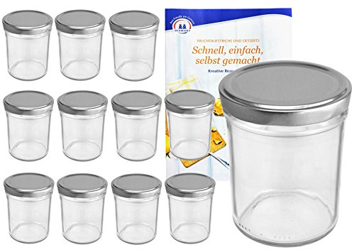 MamboCat - Set di 12 vasetti in vetro alto da 230 ml, coperchio color argento fino a 66 con libro di ricette Gelierzauber, barattoli per marmellata, barattoli per conserve, barattoli