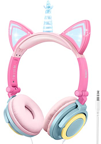 LOBKIN Einhorn Kopfhörer Kinder, Faltbares Kinder Kopfhörer mit LED Leuchtende Katzenohren, 3,5mm Audio Anschluss, Kabel Leicht-Kopfhörer für Kinder