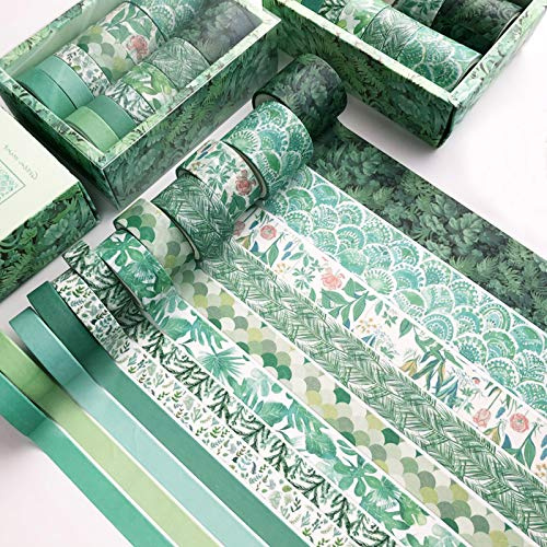 sinzau Washi Tape, Washi Masking Tape DIY Set, Nastro Decorativo Pastello, 12 Rotoli Diversi Modelli Adesivo Carta, Verde Menta