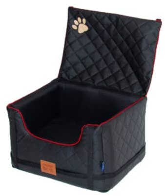 Golden Dog - Transportbox Hund mit Sicherheitsgurt L-65x53x27 cm - Leder Imitation Autositz Hund, Wasserdicht Hundesitz Auto - Beifahrersitz Hundebox Faltbar - Anschnallgurt Hundekorb Auto,Schwarz