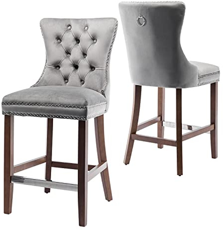 Virabit Counter Height Bar Stools Set of 2, 27 Wingback Velvet Bar Stools with Button Back and Nailhead Trim, Upholstered Bar Chairs with Wooden Legs, for Kitchen, Cafe, Pub (Bright Grey)