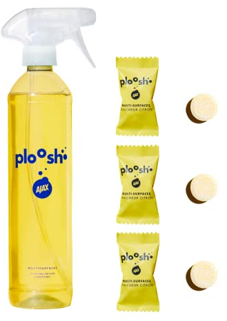 AJAX Ploosh fraîcheur citron nettoyant multi-surfaces 3x6g pastilles = 3x500ml = 1500ml - Spray multi-usages - Bouteille réutilisable et recyclabe - Pastilles à 97% d'ingrédients d'origine naturelle