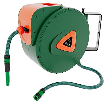 Avvolgitubo Da Giardino Per Acqua Con Tubo In PVC Attacco 1/2 Fissaggio Parete Muro Sistema Blocco Automatico Riavvolgitore Auto Stop Accessorio Esterno Salvaspazio Pressione 24 Bar (20 + 2 M) Verde