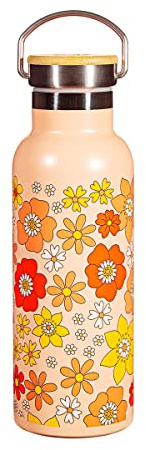 Sass & Belle 70s Floral Stainless Steel Water Bottle – 500ml Double-Wall Insulated with Retro Flower Print in Orange, Yellow & Red, Ideal for Hot or Cold Drinks, Eco-Friendly Metal Water Bottle.