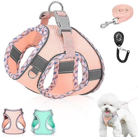 Dog Harness and Leash Set,Soft Mesh Breathable Dog Vest Harness with Training Clicker,Adjustable No Pull Reflective Pet Vest Harness with Safety Buckle for Small Medium Dogs, Cats, Puppies (Pink, XS)