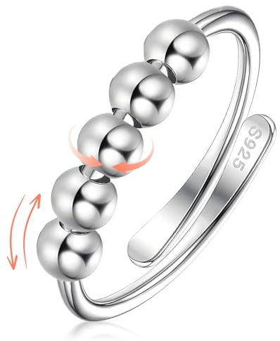 QESSUVNC Anti-Stress-Ring Silber 925 Verstellbar mit Beweglichen Perlen - Zappeln Spinner Dekompressionsring Schmuck für Mädchen und Herren