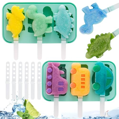 SOETDERT Moule à Glace, Lot de 2 Moules à Glace en Silicone sans BPA pour Enfants, DIY Moule Glace à l'eau Réutilisables pour la Crème Glacée, Dinosaure Moule Glace Silicone Batonnet