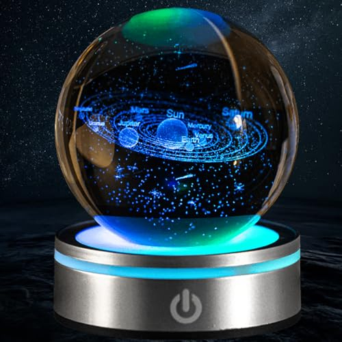 Sfera di cristallo con sistema solare 3D, sfera di cristallo con LED, luce notturna colorata, sfera di vetro con base per lampada touch, modello astronomico, decorazione per bambini, amici coppia