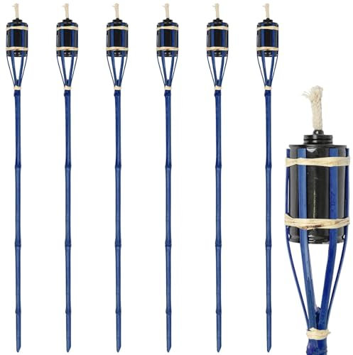 Harbour Housewares 6X Bleu 113cm Torches de Jardin en Bambou - Extérieur Paraffine Lampe Huile Brûleur Tiki Bougie Flamme Lanterne Lumière sur Piquet