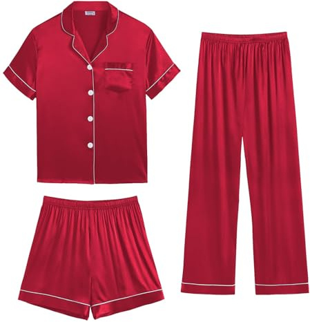 SWOMOG Womens Satin Pyjama Sets Ladies Silk Nightwear 3 Piece Short Sleeve Pj Button Down Sleepwear Set M Light Red