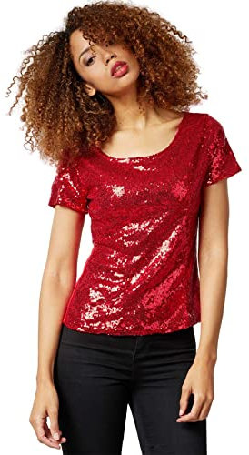 dressforfun 901013 Damen Pailletten Top, Glitzer Kurzarm Oberteil, rot - Diverse Größen - (M)
