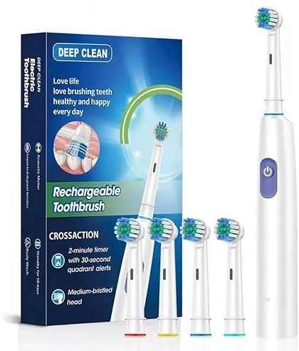 Electric Toothbrush Rotary Rechargeable for Adults Rotating Toothbrush with Soft Brush Heads Deep Clean Electric Toothbrush with 2 Minute Smart Timer IP67 Waterproof (White, 4 Heads)
