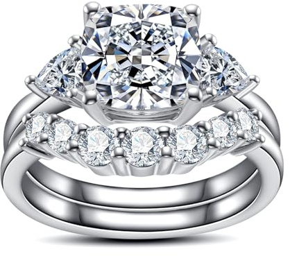 AimiIee Cushion Cut Moissanite Wedding Ring Set 4.14cttw(3CT Center Stone) D Color VVS1 Clarity 925 Sterling Silver Engagement Promise Anniversary Rings Bridal Sets for Women with Certificate Size 8.5