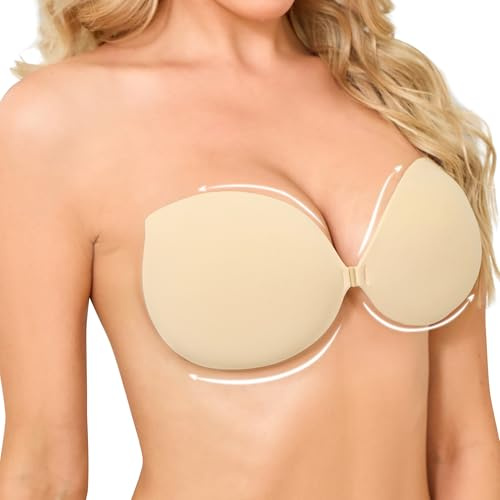 OMGREAT Stick on Bra - Sticky Bra Adhesive Push Up Bra for Women, Backless Strapless Reusable Invisible Bra for Backless Dresses, Wedding, Party, Enhance Cleavage Lift Beige B