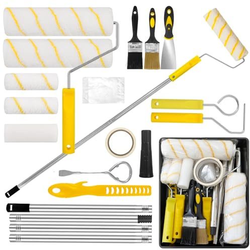 BOYIFEIJIE Set da 18 pezzi con asta telescopica – Set professionale di rulli colorati con ruote da 23 cm e 10 cm, vaschetta per vernici, pennelli e accessori – per pareti, soffitti e ristrutturazioni